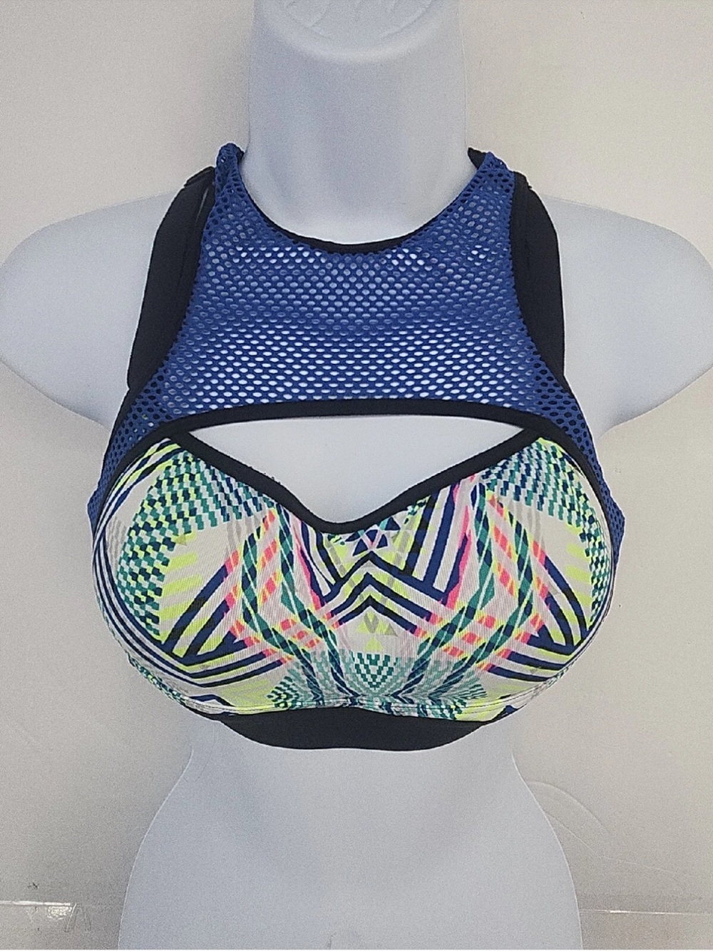 Victoria's Secret Sport Black with Blue and Neon Pattern Mesh Sports Bra 36C